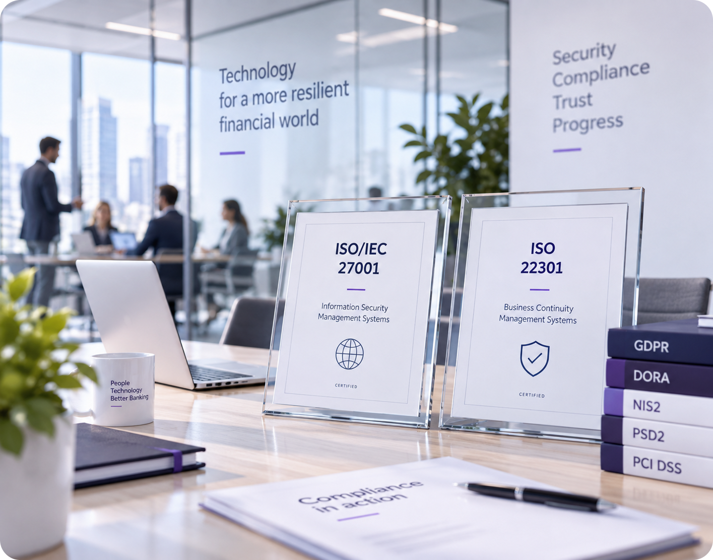 ISO compliance certificates representing security and business continuity standards