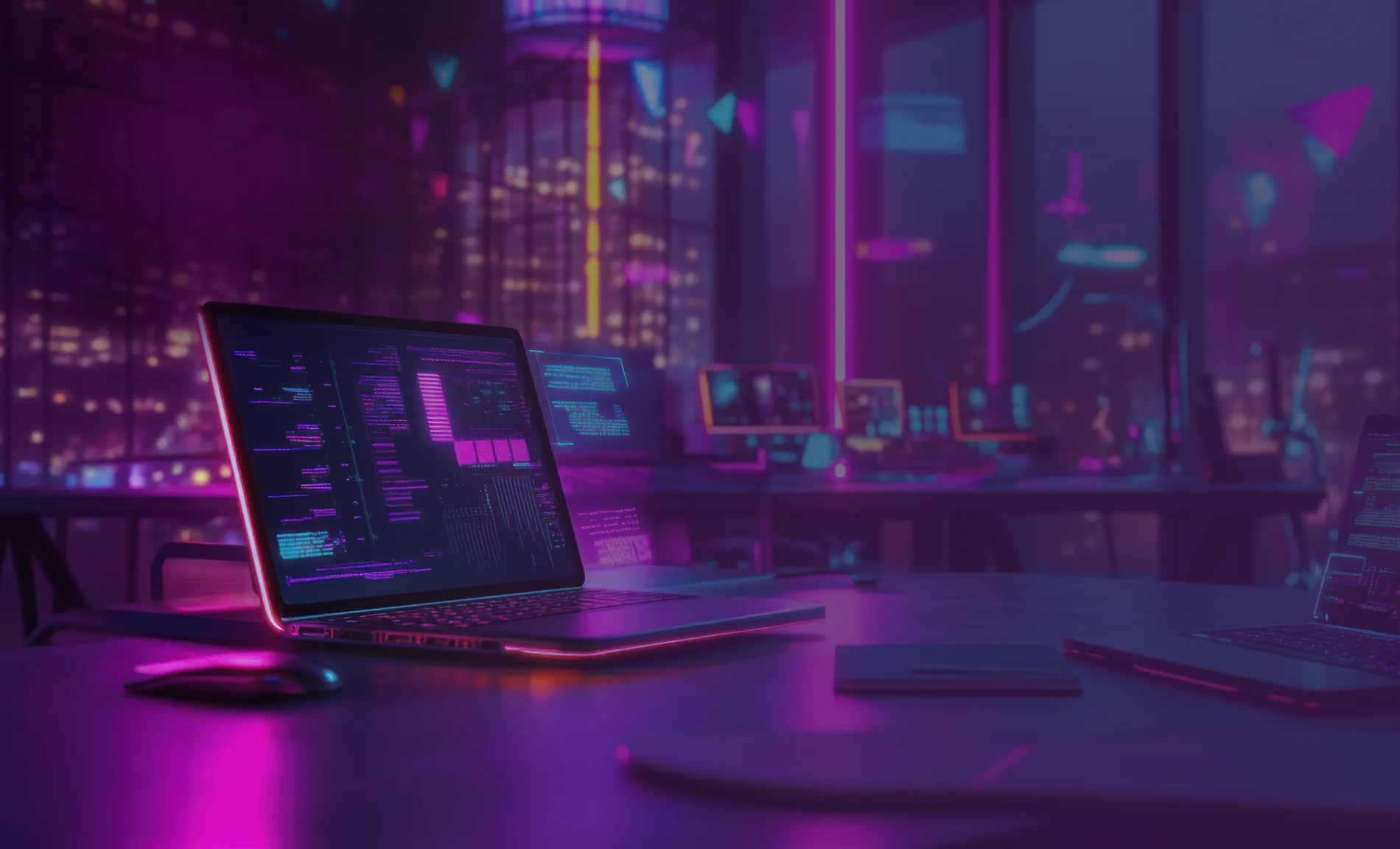 A laptop displaying code and data visualizations on screen, set against a blurred city skyline