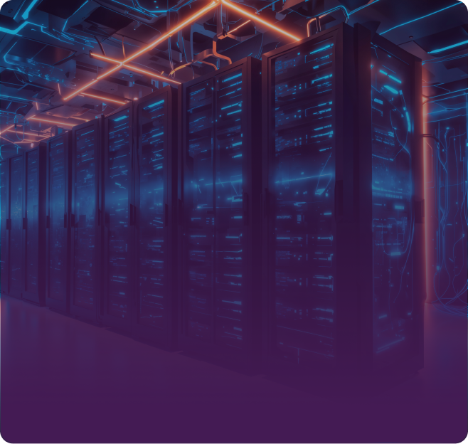 A server room with rows of dark racks and glowing orange cable lines running overhead