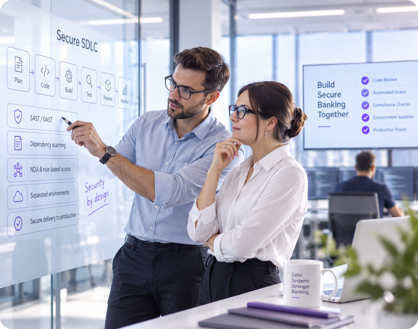 Security specialists reviewing secure SDLC controls in modern office