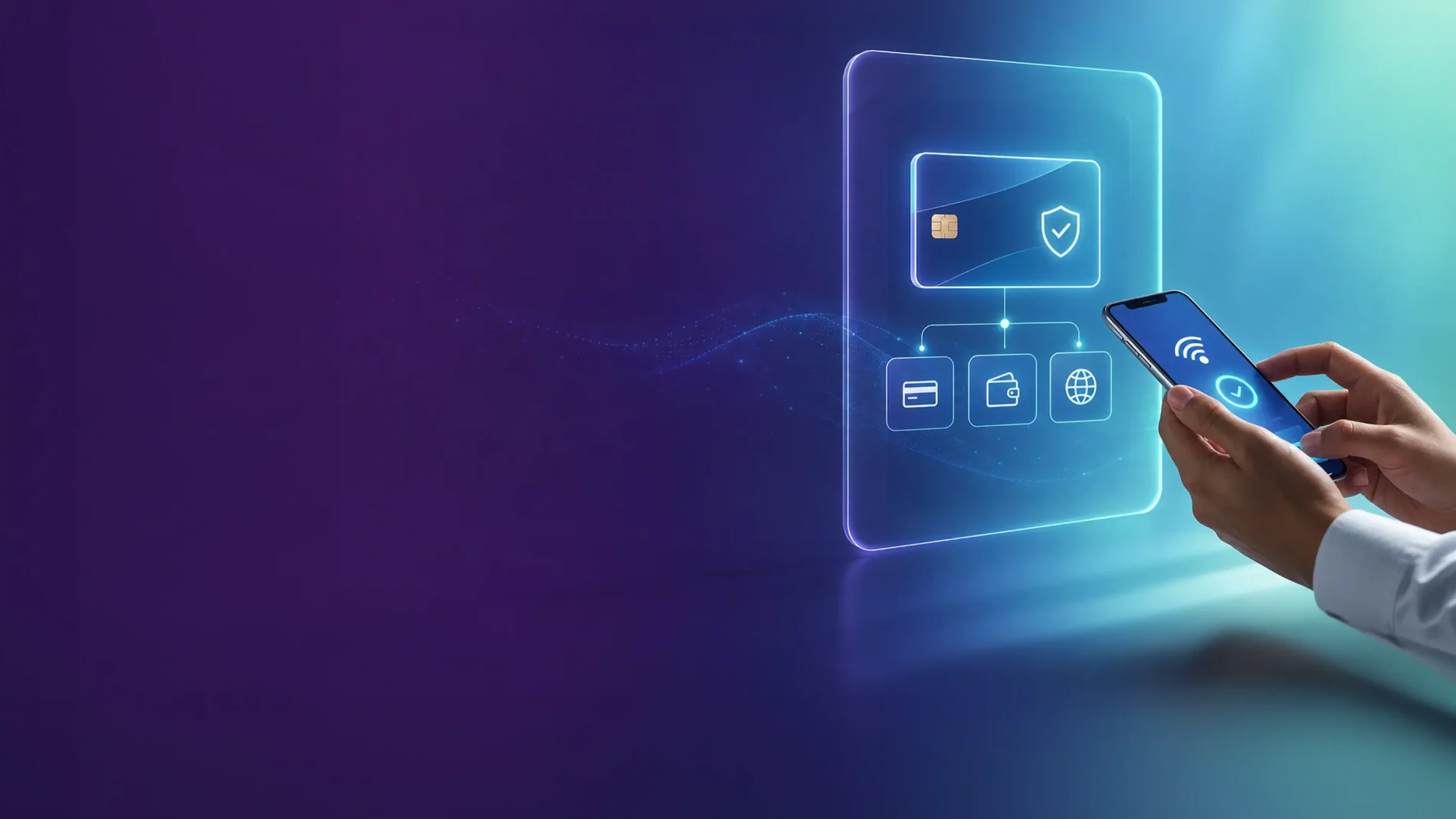 Hand holding a smartphone displaying a mobile app with a contactless icon next to graphic elements illustrating a secure payment gateway